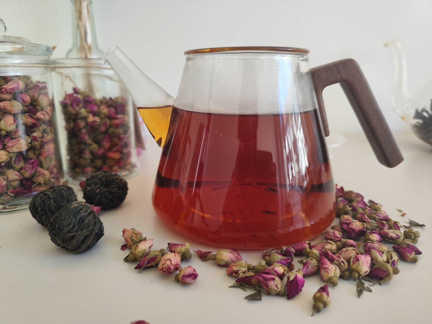 Teiera, vetro, manico in legno